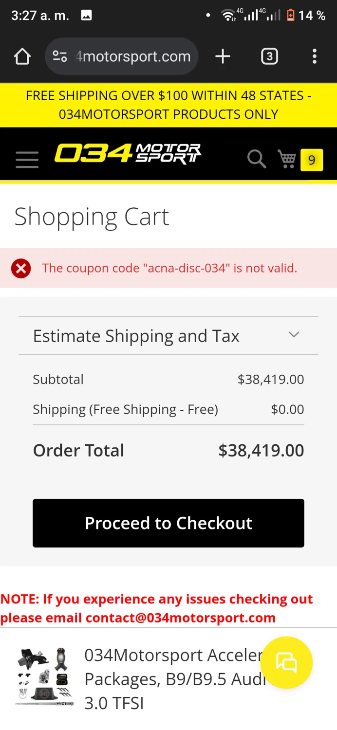 034Motorsport discount code screenshot showing code acna-disc-034 applied at 034Motorsport checkout page. Uploaded by SimplyCodes community member Chukaflu on Mar 15, 2025