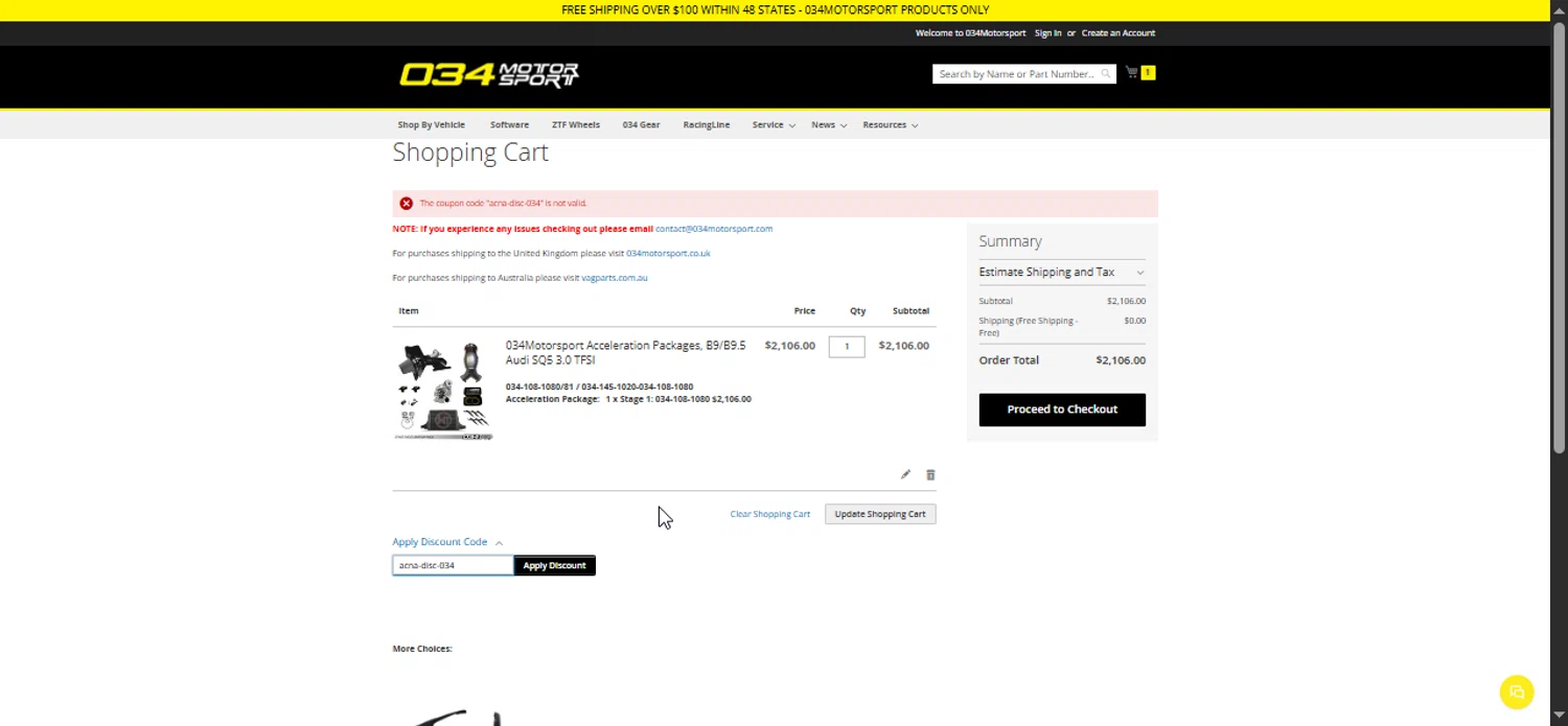 034Motorsport discount code screenshot showing code acna-disc-034 applied at 034Motorsport checkout page. Uploaded by SimplyCodes community member Prospecto on Mar 26, 2025