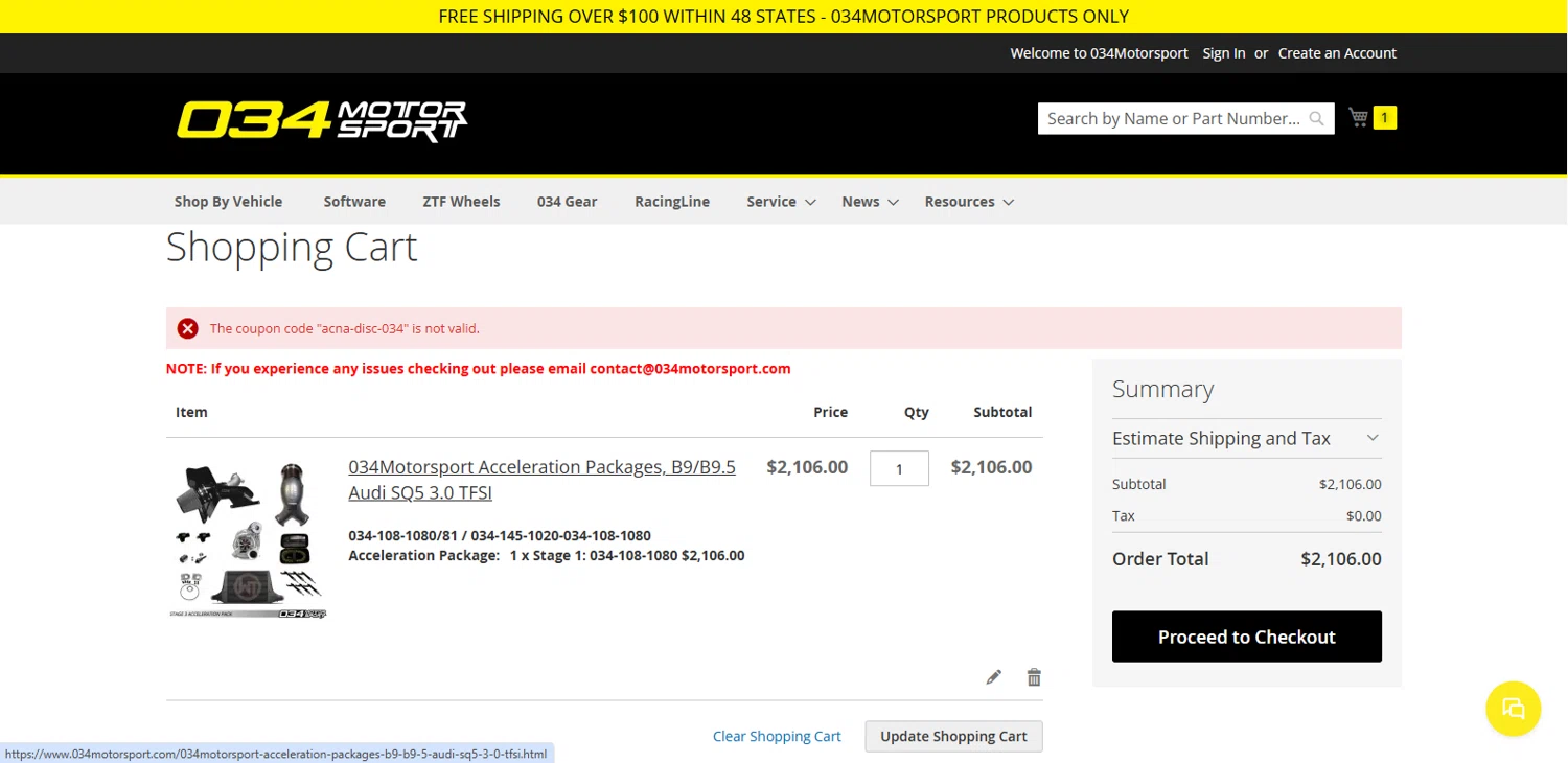 034Motorsport discount code screenshot showing code acna-disc-034 applied at 034Motorsport checkout page. Uploaded by SimplyCodes community member dimitriv on Mar 18, 2025
