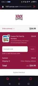 1001 Canvas coupon verification screenshot