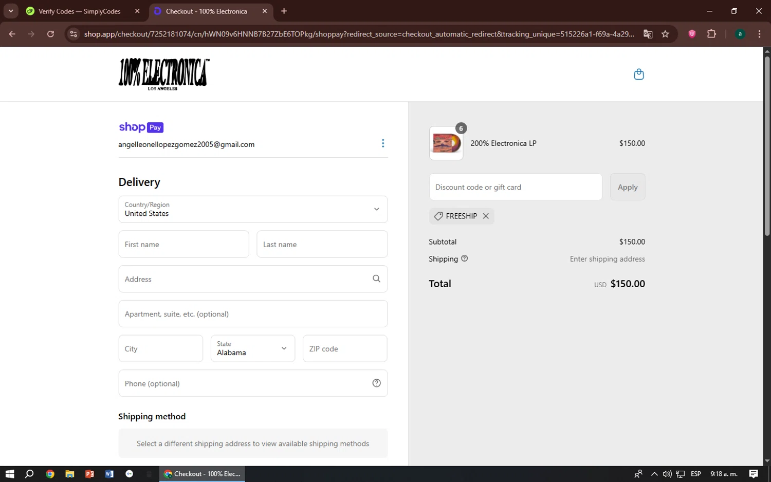 100% Electronica discount code screenshot showing code FREESHIP applied at 100% Electronica checkout page. Uploaded by SimplyCodes community member zizu55 on Jul 2, 2025