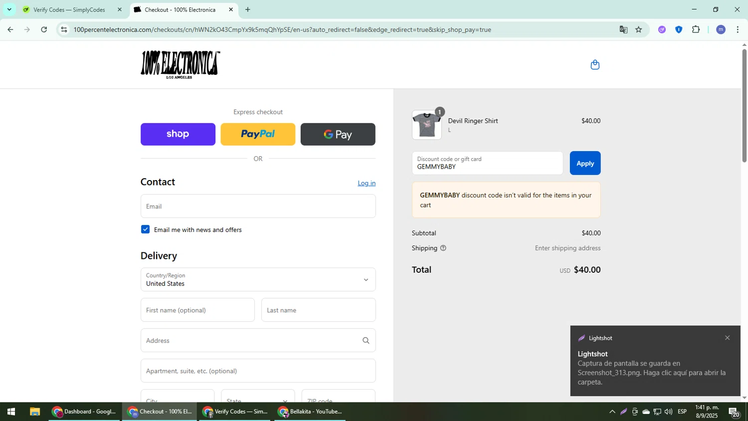 100% Electronica discount code screenshot showing code GEMMYBABY applied at 100% Electronica checkout page. Uploaded by SimplyCodes community member QuestDefender2661 on Sep 8, 2025