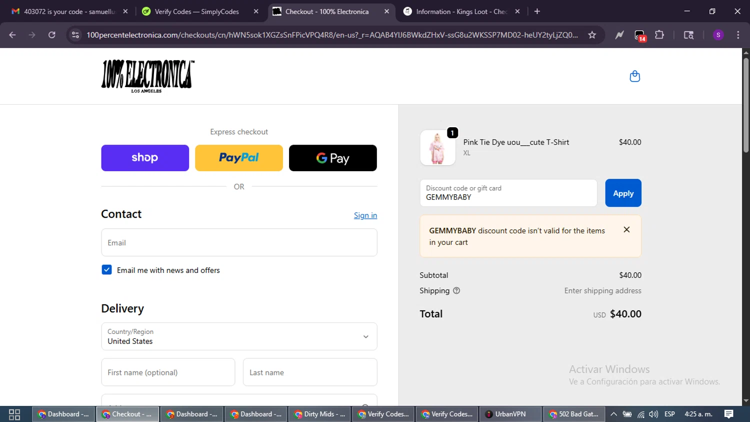 100% Electronica discount code screenshot showing code GEMMYBABY applied at 100% Electronica checkout page. Uploaded by SimplyCodes community member ShieldWarden7838 on Nov 30, 2025