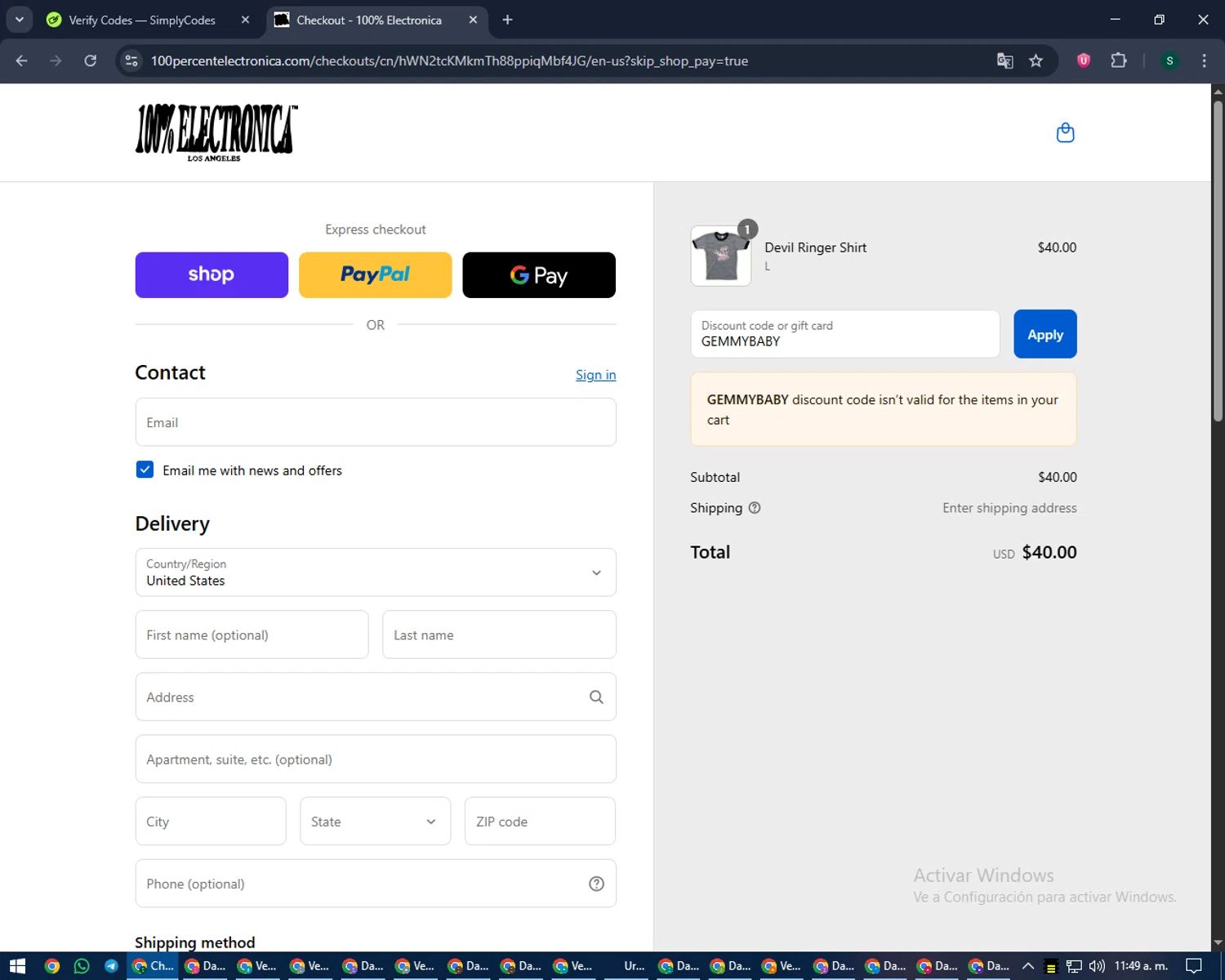100% Electronica discount code screenshot showing code GEMMYBABY applied at 100% Electronica checkout page. Uploaded by SimplyCodes community member lilMosey on Sep 12, 2025