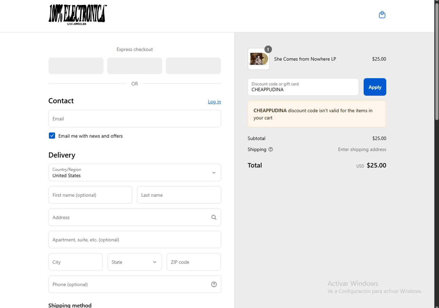 100% Electronica discount code screenshot showing code CHEAPPUDINA applied at 100% Electronica checkout page. Uploaded by SimplyCodes community member RewardMaven959 on Aug 27, 2025