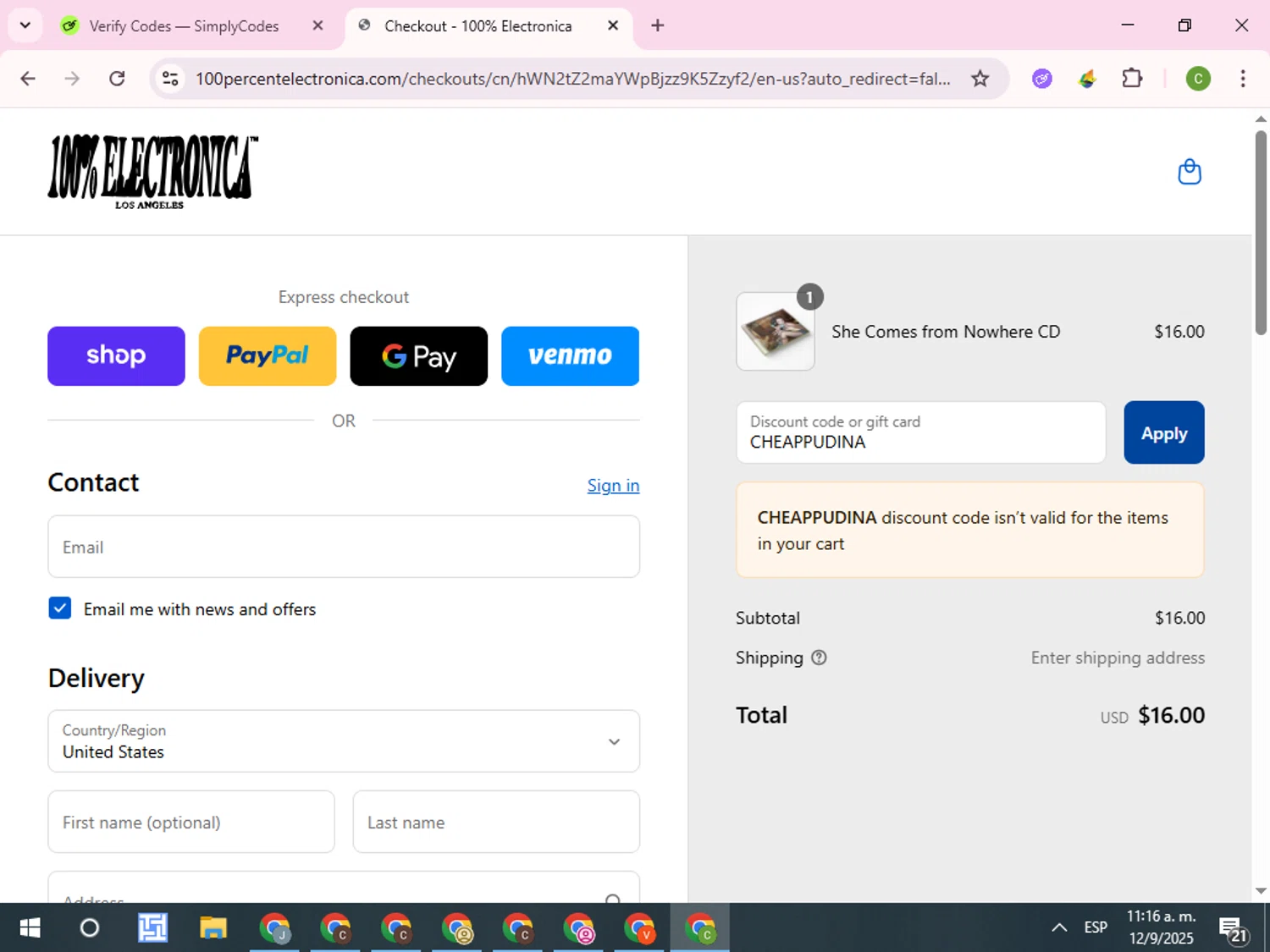 100% Electronica discount code screenshot showing code CHEAPPUDINA applied at 100% Electronica checkout page. Uploaded by SimplyCodes community member RoyalKnight4673 on Sep 12, 2025