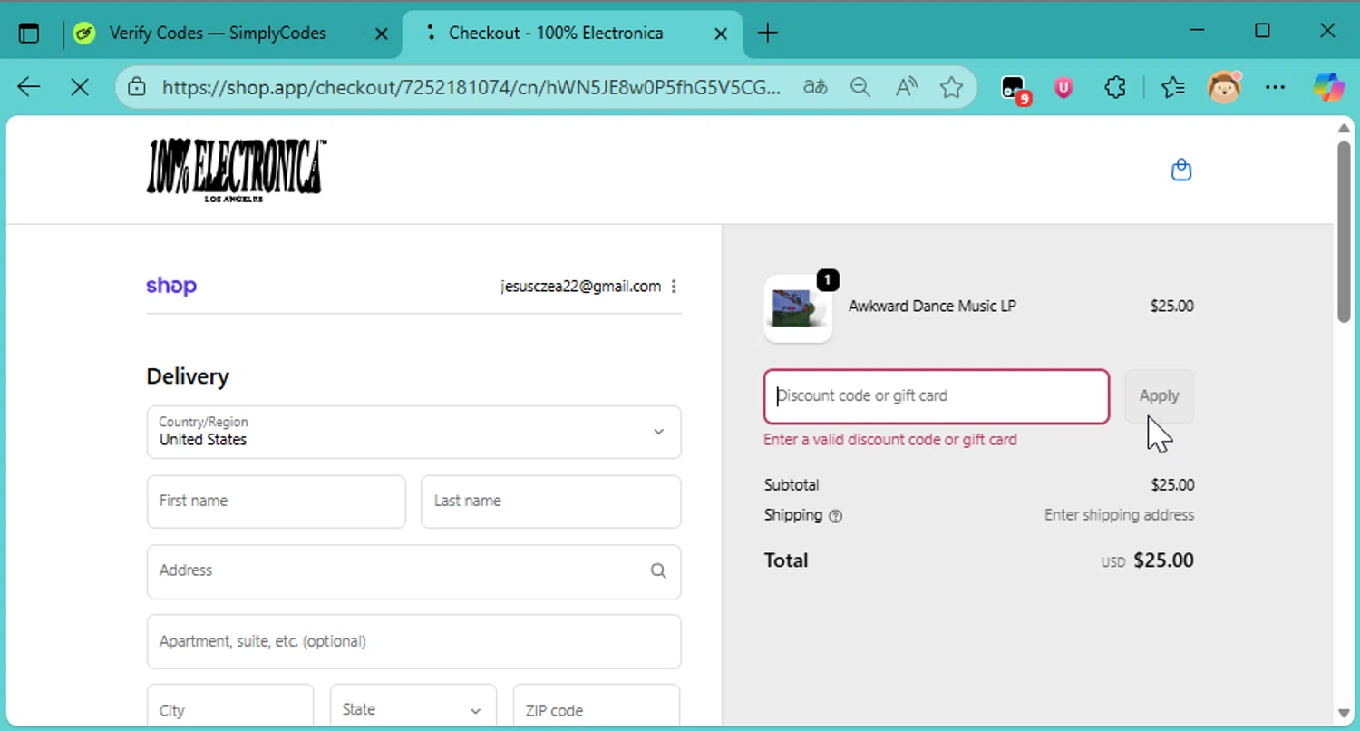 100% Electronica discount code screenshot showing code ILIVEINEUROPE applied at 100% Electronica checkout page. Uploaded by SimplyCodes community member DonutPunks on Nov 15, 2025
