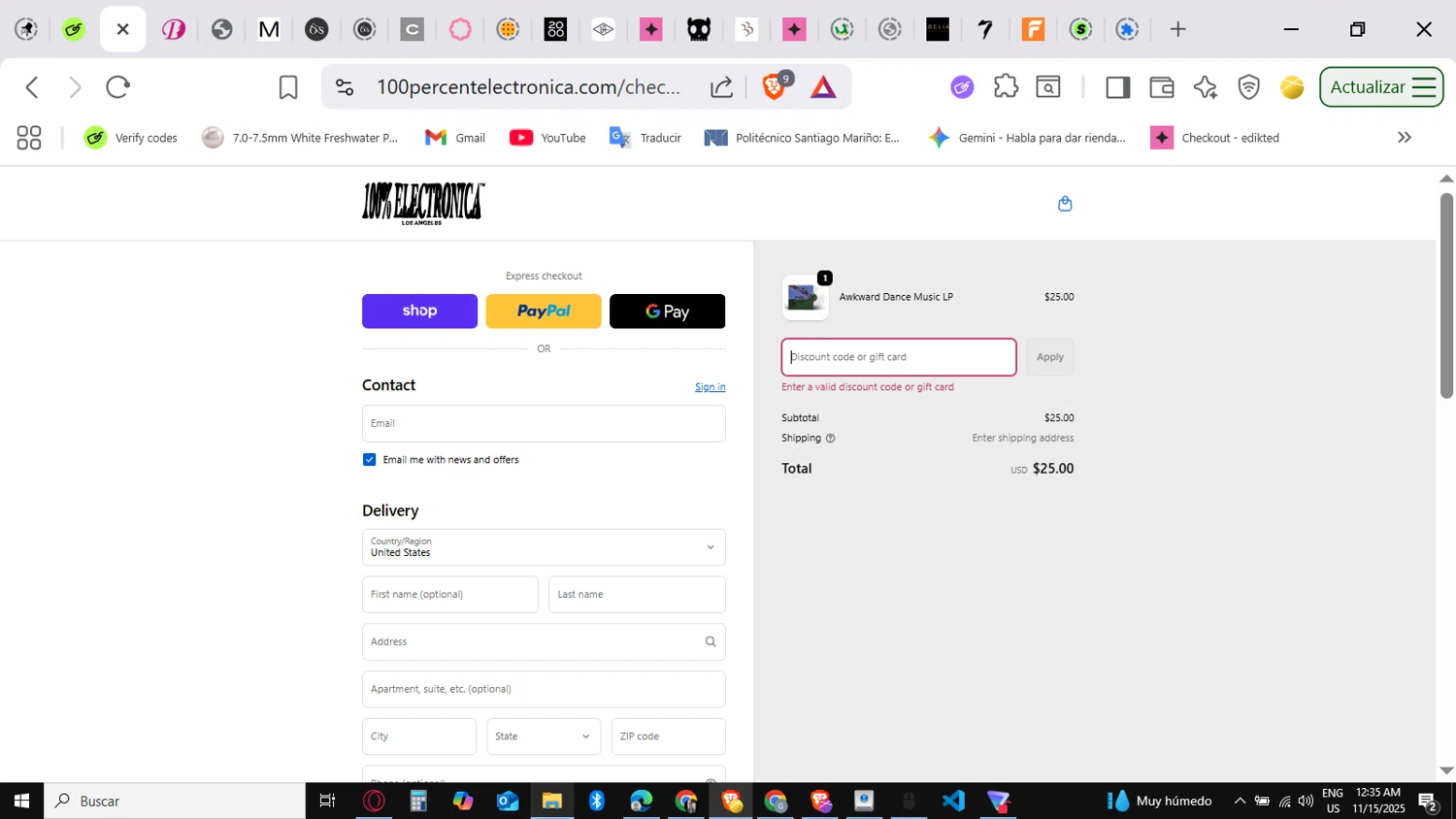 100% Electronica discount code screenshot showing code ILIVEINEUROPE applied at 100% Electronica checkout page. Uploaded by SimplyCodes community member conorgrey on Nov 15, 2025