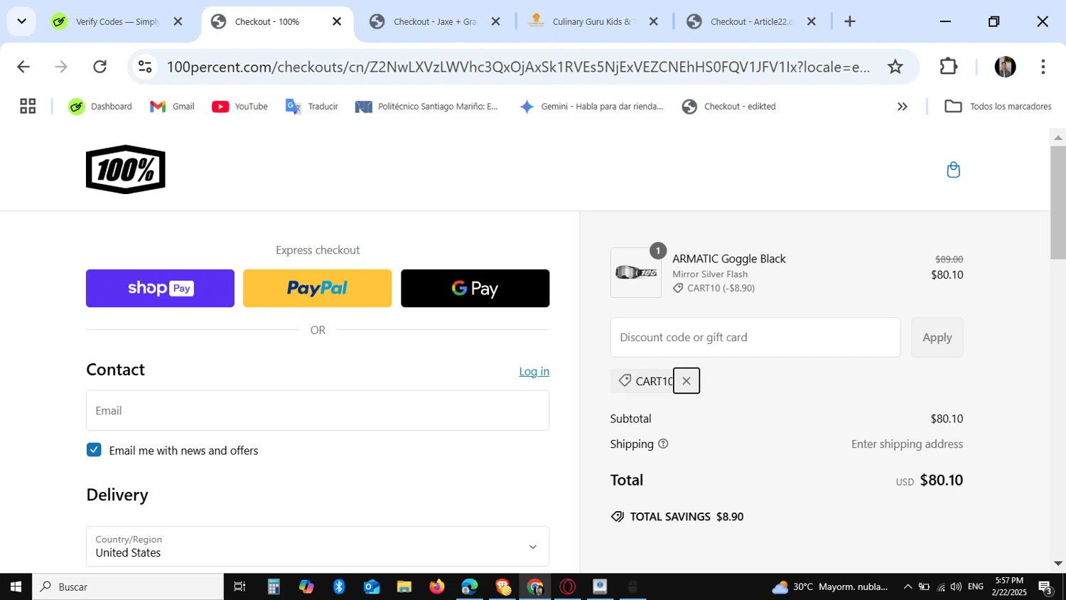 100 Percent discount code screenshot showing code CART10 applied at 100 Percent checkout page. Uploaded by SimplyCodes community member KataldoMustafack on Feb 22, 2025