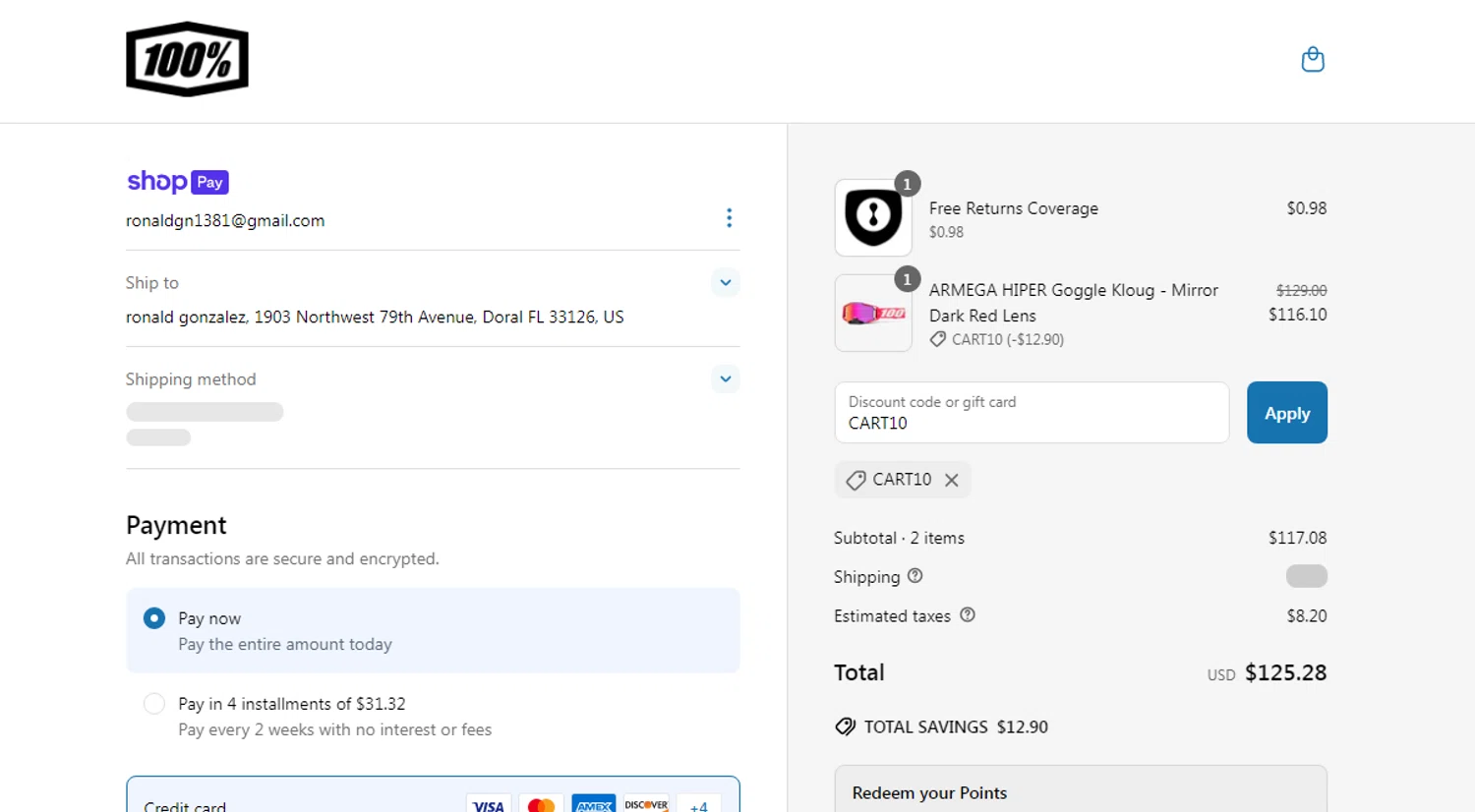 100 Percent discount code screenshot showing code CART10 applied at 100 Percent checkout page. Uploaded by SimplyCodes community member Ronald on Jun 30, 2025