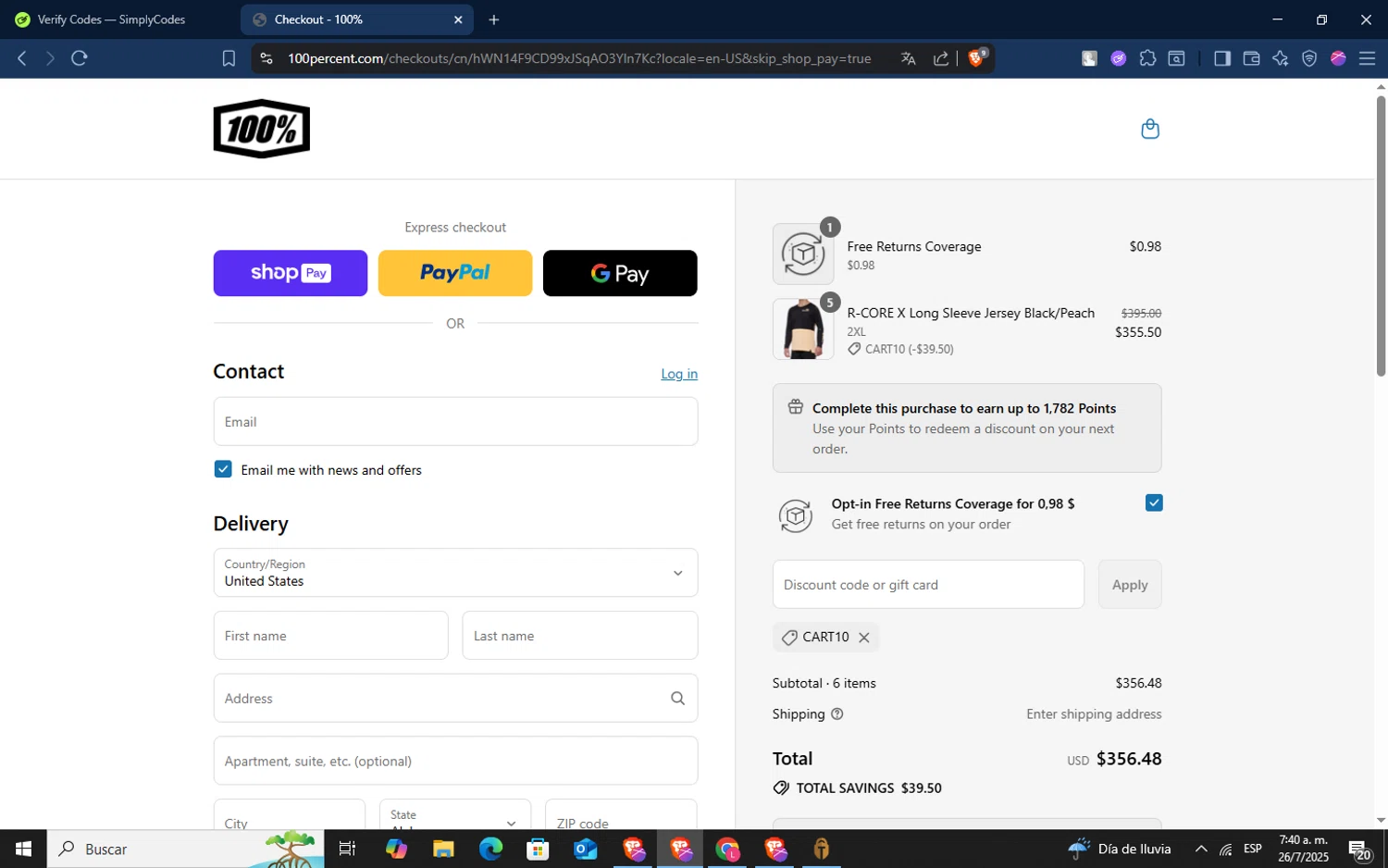 100 Percent discount code screenshot showing code CART10 applied at 100 Percent checkout page. Uploaded by SimplyCodes community member TokenSaver1205 on Jul 26, 2025