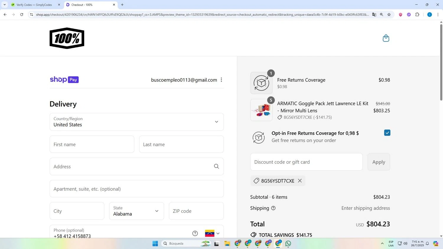 100 Percent discount code screenshot showing code 8G56YSDT7CXE applied at 100 Percent checkout page. Uploaded by SimplyCodes community member Derecksrob on Jul 26, 2025