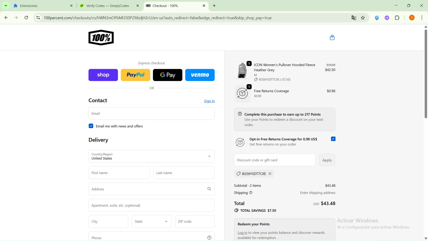 100 Percent discount code screenshot showing code 8G56YSDT7CXE applied at 100 Percent checkout page. Uploaded by SimplyCodes community member RebateSaver5991 on Oct 5, 2025