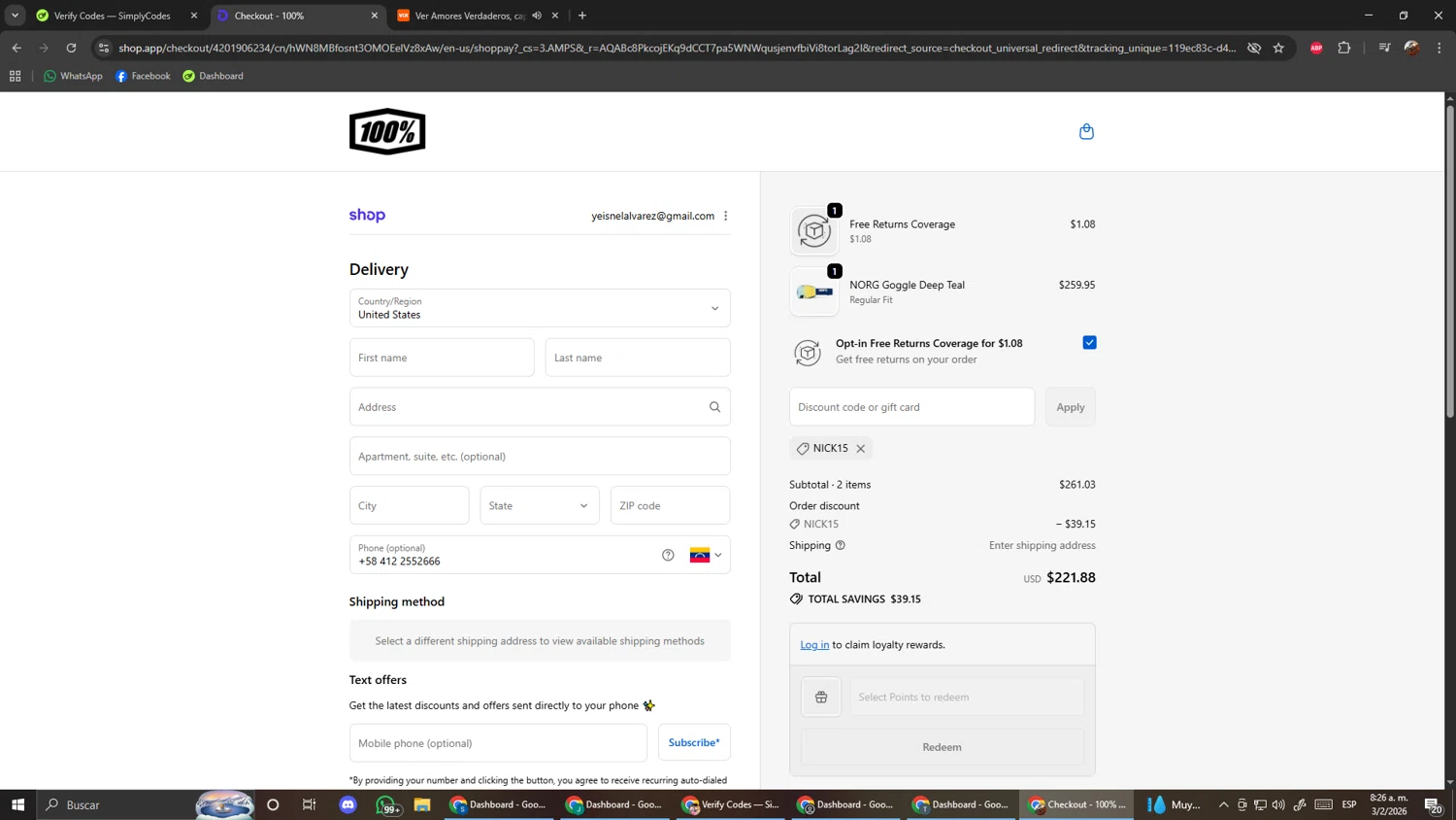 100 Percent discount code screenshot showing code NICK15 applied at 100 Percent checkout page. Uploaded by SimplyCodes community member ScanShopper554 on Feb 3, 2026