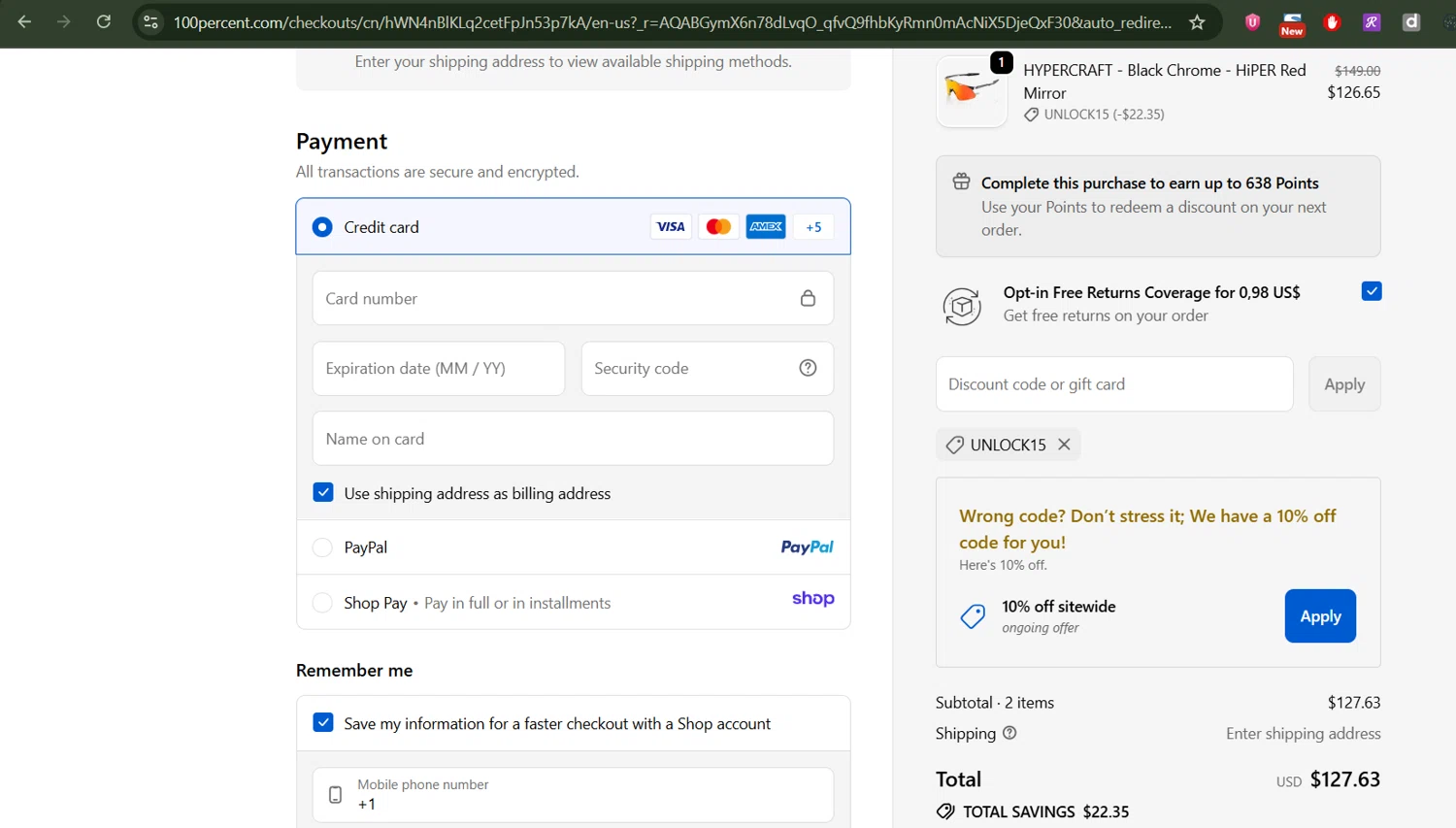 100 Percent discount code screenshot showing code UNLOCK15 applied at 100 Percent checkout page. Uploaded by SimplyCodes community member newhybridmen on Nov 1, 2025