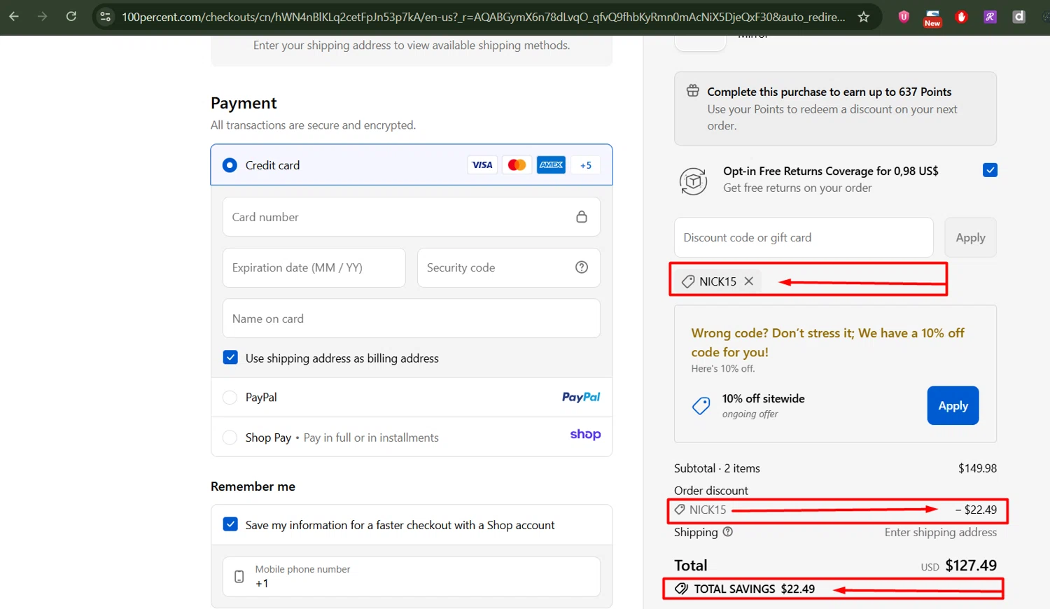 100 Percent discount code screenshot showing code NICK15 applied at 100 Percent checkout page. Uploaded by SimplyCodes community member newhybridmen on Nov 1, 2025
