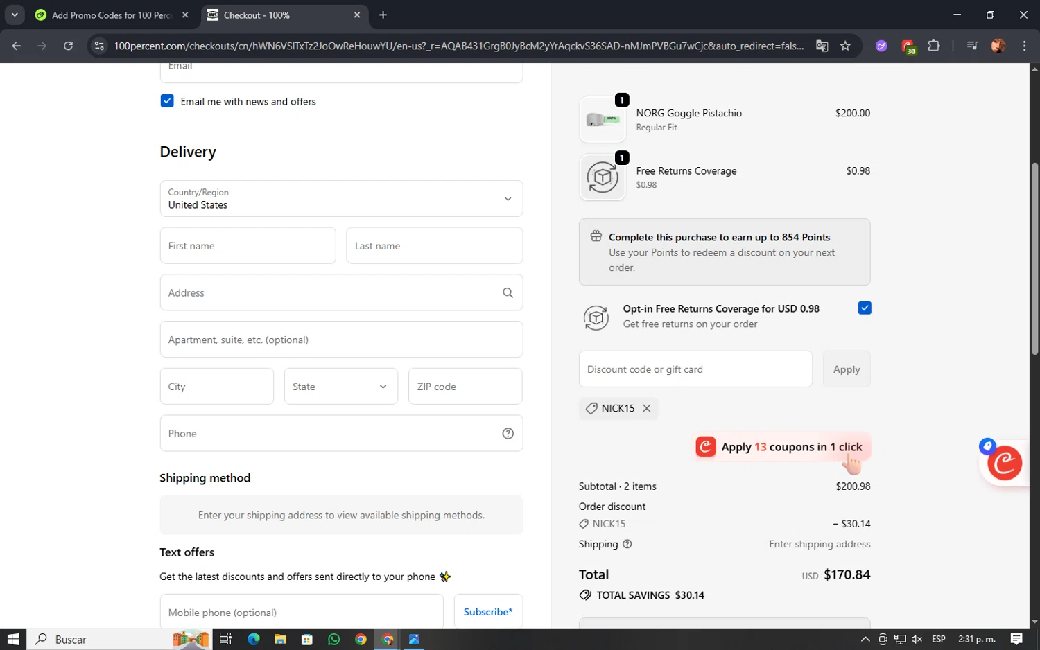 100 Percent discount code screenshot showing code NICK15 applied at 100 Percent checkout page. Uploaded by SimplyCodes community member mellstroy on Dec 16, 2025