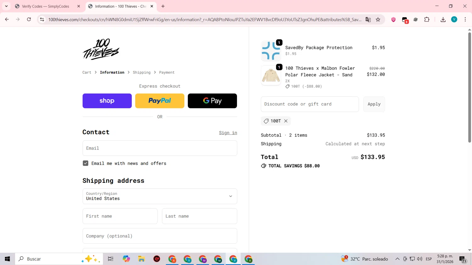 100 Thieves promo code screenshot showing code 100T applied at 100 Thieves checkout page. Uploaded by SimplyCodes community member lyffytaro on Jan 31, 2026