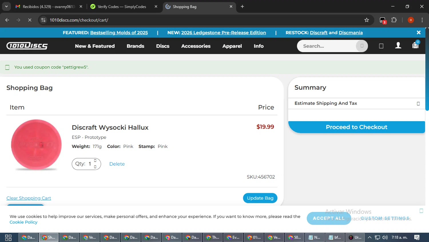 1010 Discs discount code screenshot showing code pettigrew5 applied at 1010 Discs checkout page. Uploaded by SimplyCodes community member WiseTracker2171 on Jan 4, 2026