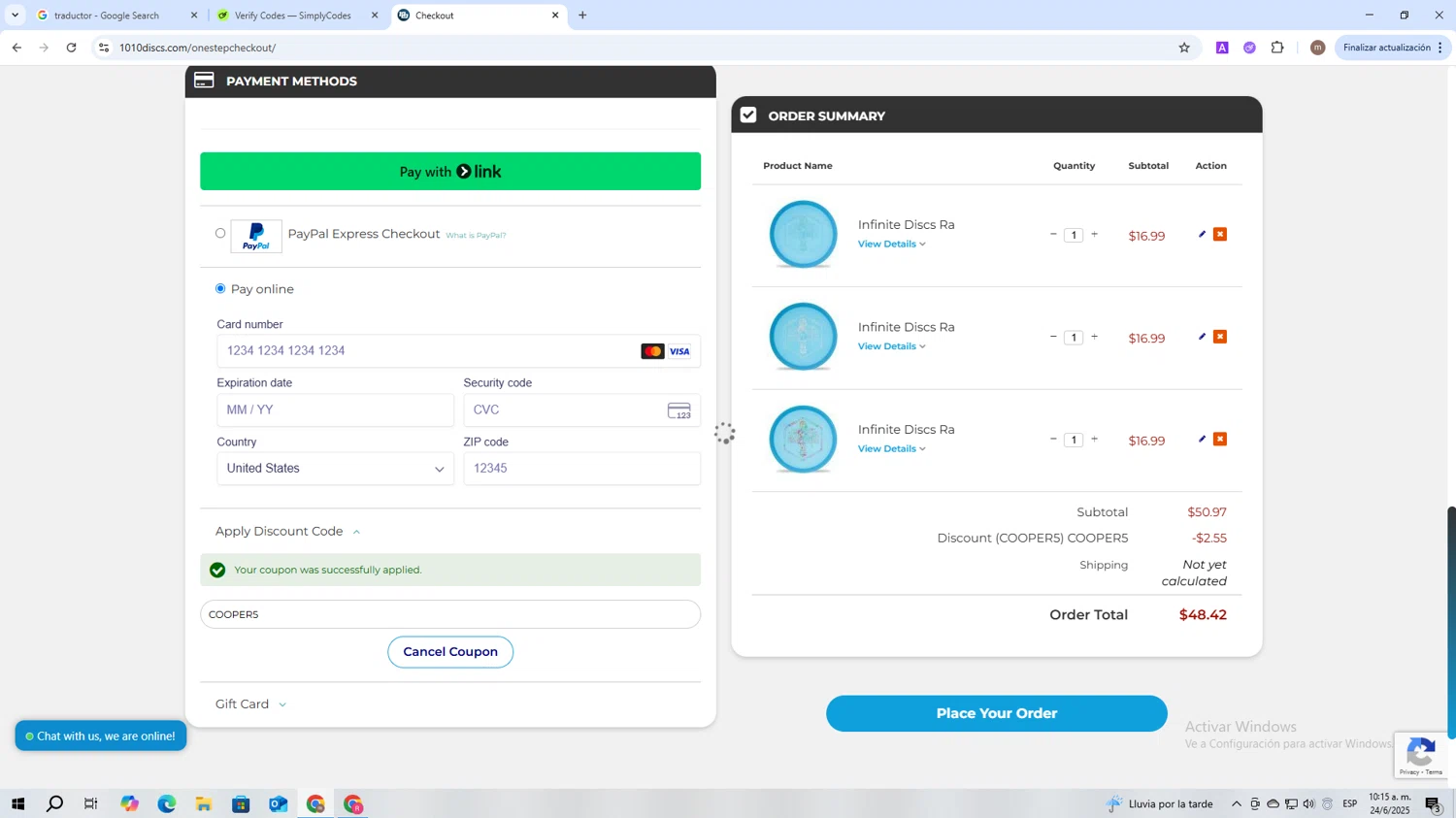 1010 Discs discount code screenshot showing code COOPER5 applied at 1010 Discs checkout page. Uploaded by SimplyCodes community member MightyMaven4946 on Jun 24, 2025