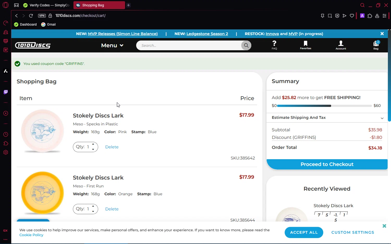 1010 Discs discount code screenshot showing code GRIFFIN5 applied at 1010 Discs checkout page. Uploaded by SimplyCodes community member Pioneer1 on May 18, 2025