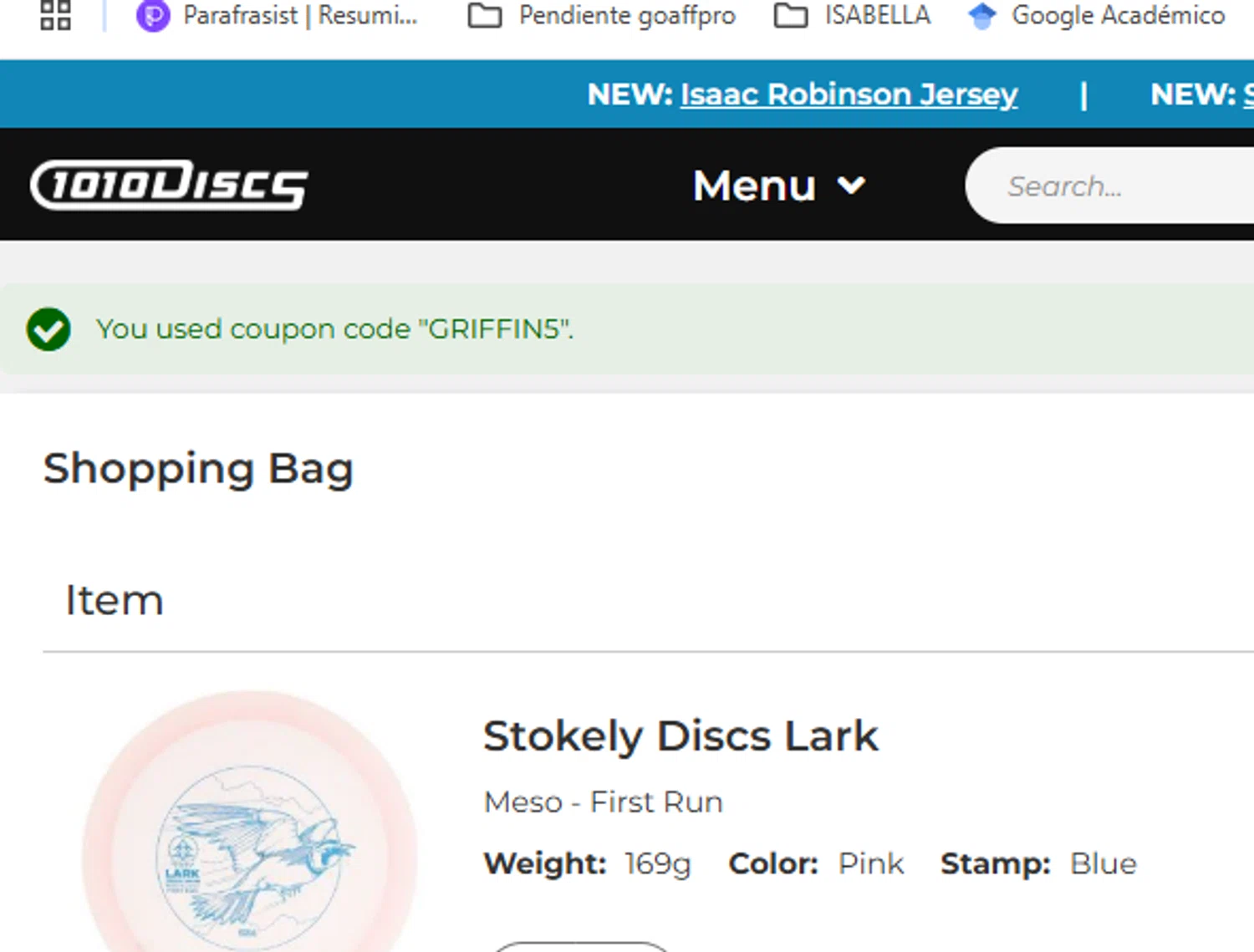 1010 Discs discount code screenshot showing code GRIFFIN5 applied at 1010 Discs checkout page. Uploaded by SimplyCodes community member gerardlaya on Jun 16, 2025