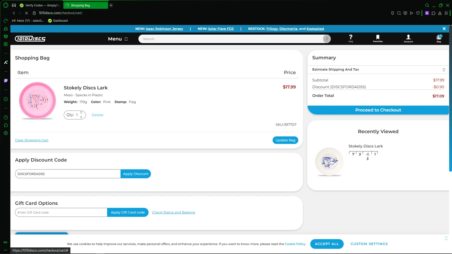 1010 Discs discount code screenshot showing code DISCSFORDADS5 applied at 1010 Discs checkout page. Uploaded by SimplyCodes community member LegendaryCaptain2435 on Jun 16, 2025
