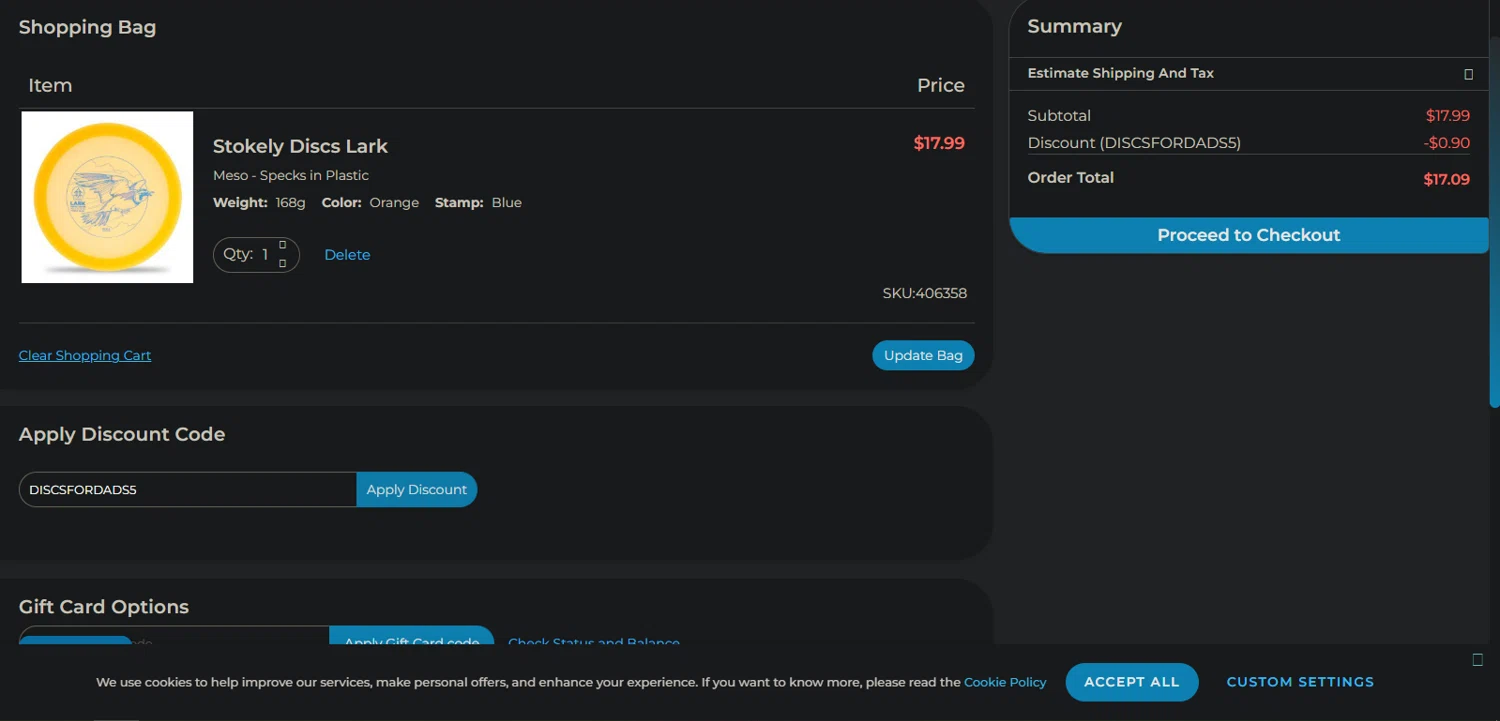 1010 Discs discount code screenshot showing code DISCSFORDADS5 applied at 1010 Discs checkout page. Uploaded by SimplyCodes community member Nor_man on Jul 15, 2025