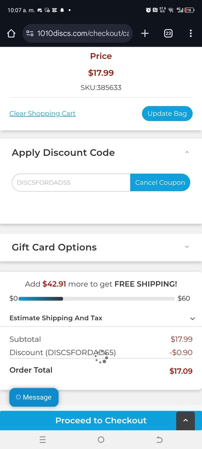 1010 Discs discount code screenshot showing code DISCSFORDADS5 applied at 1010 Discs checkout page. Uploaded by SimplyCodes community member kikimbappe on May 18, 2025