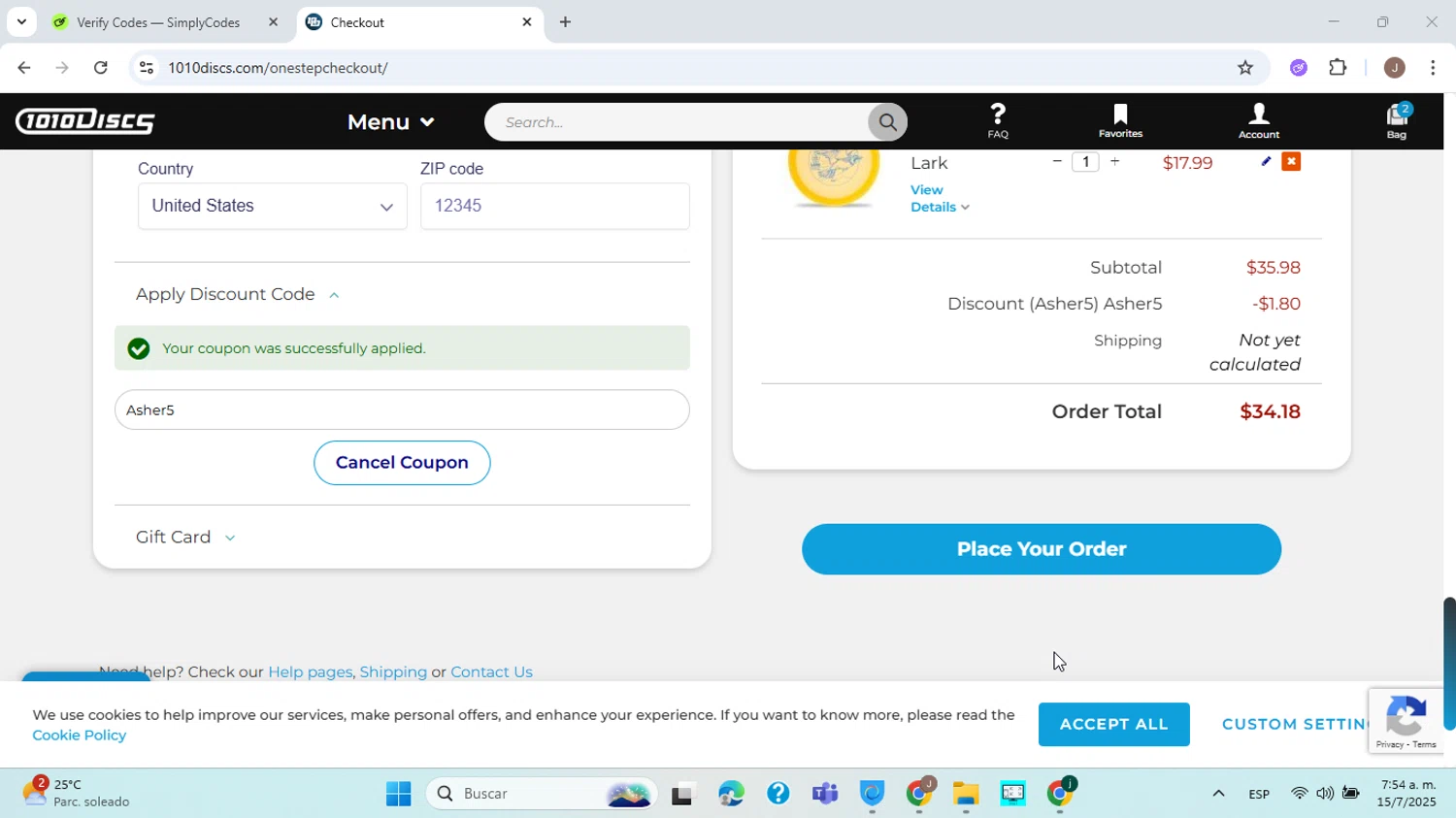1010 Discs discount code screenshot showing code Asher5 applied at 1010 Discs checkout page. Uploaded by SimplyCodes community member ABHF23 on Jul 15, 2025
