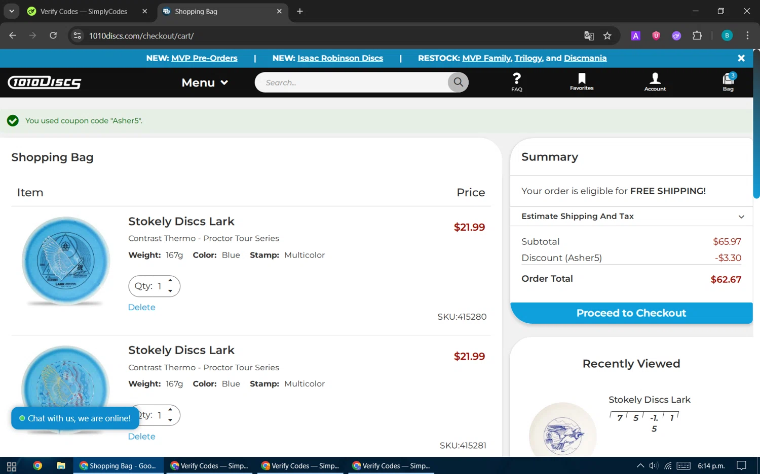 1010 Discs discount code screenshot showing code Asher5 applied at 1010 Discs checkout page. Uploaded by SimplyCodes community member CleverPilot5845 on Aug 13, 2025