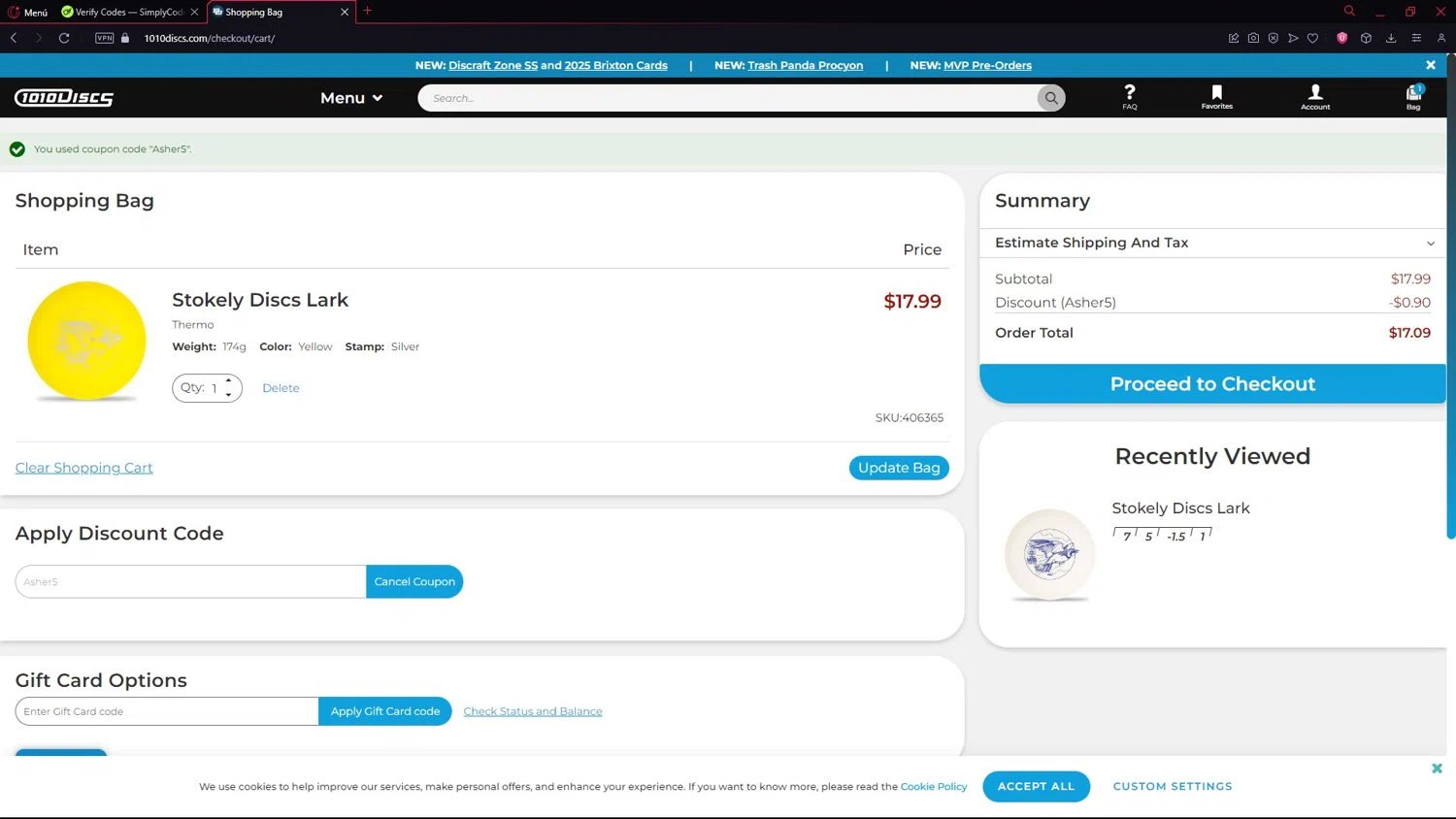 1010 Discs discount code screenshot showing code Asher5 applied at 1010 Discs checkout page. Uploaded by SimplyCodes community member LegendarySeeker3956 on Sep 11, 2025