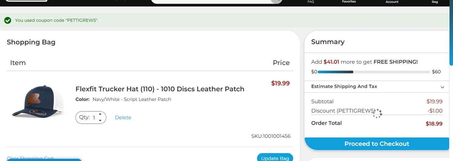 1010 Discs discount code screenshot showing code PETTIGREW5 applied at 1010 Discs checkout page. Uploaded by SimplyCodes community member ashe1986 on Jun 18, 2025