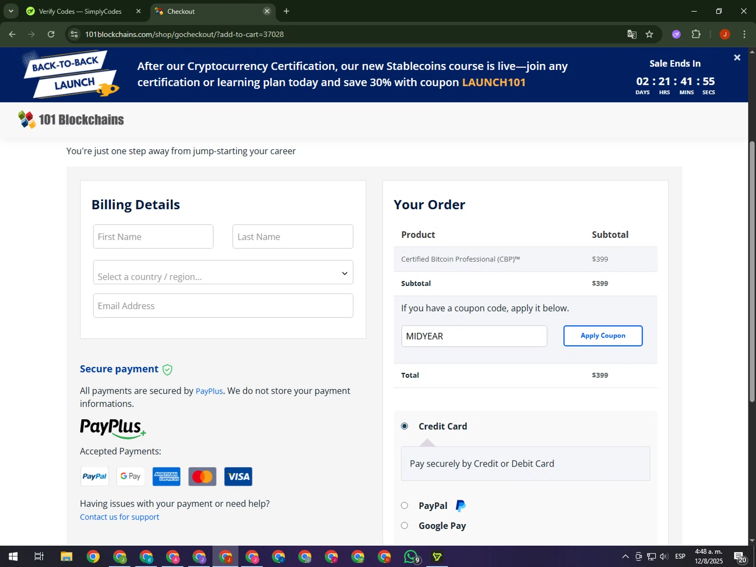 101 Blockchains promo code screenshot showing code MIDYEAR applied at 101 Blockchains checkout page. Uploaded by SimplyCodes community member KimDokja on Aug 12, 2025