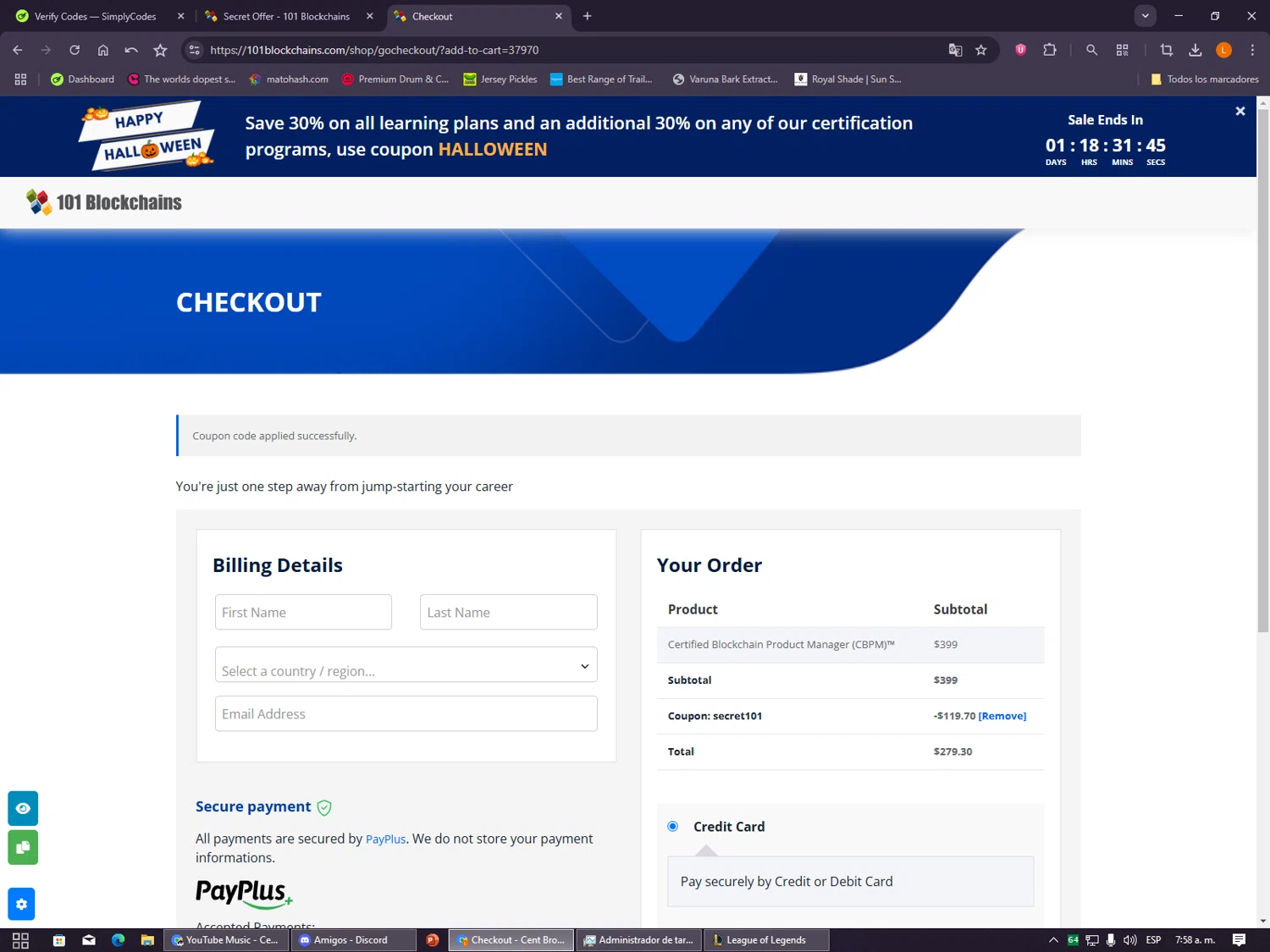 101 Blockchains promo code screenshot showing code secret101 applied at 101 Blockchains checkout page. Uploaded by SimplyCodes community member VayneChambeadora on Nov 3, 2025