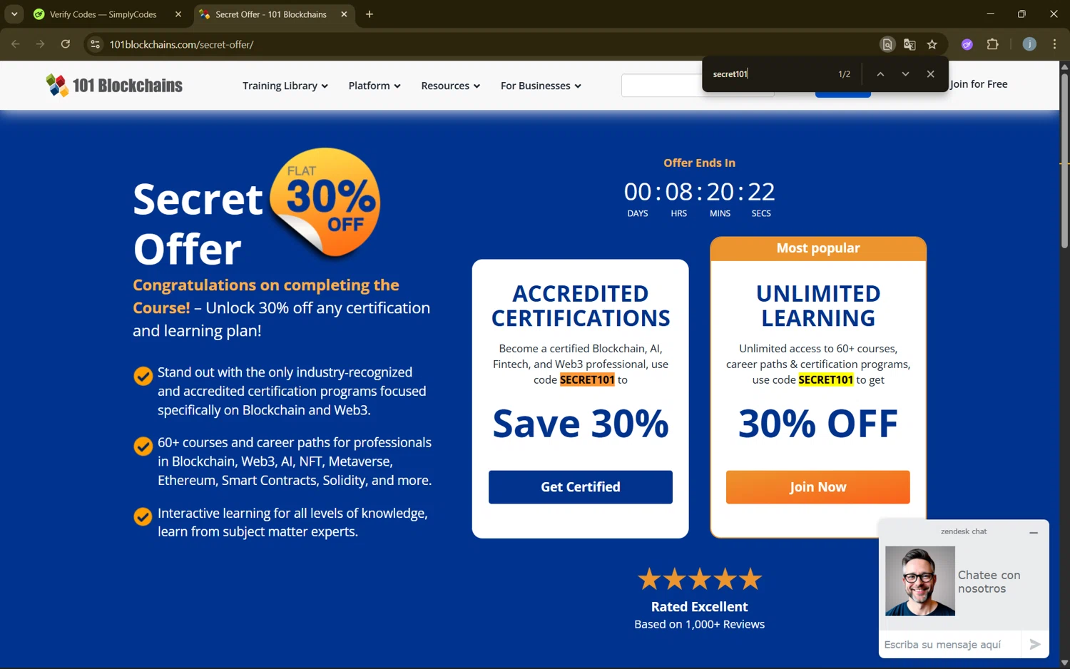 101 Blockchains promo code screenshot showing code secret101 applied at 101 Blockchains checkout page. Uploaded by SimplyCodes community member frijolito on Aug 25, 2025