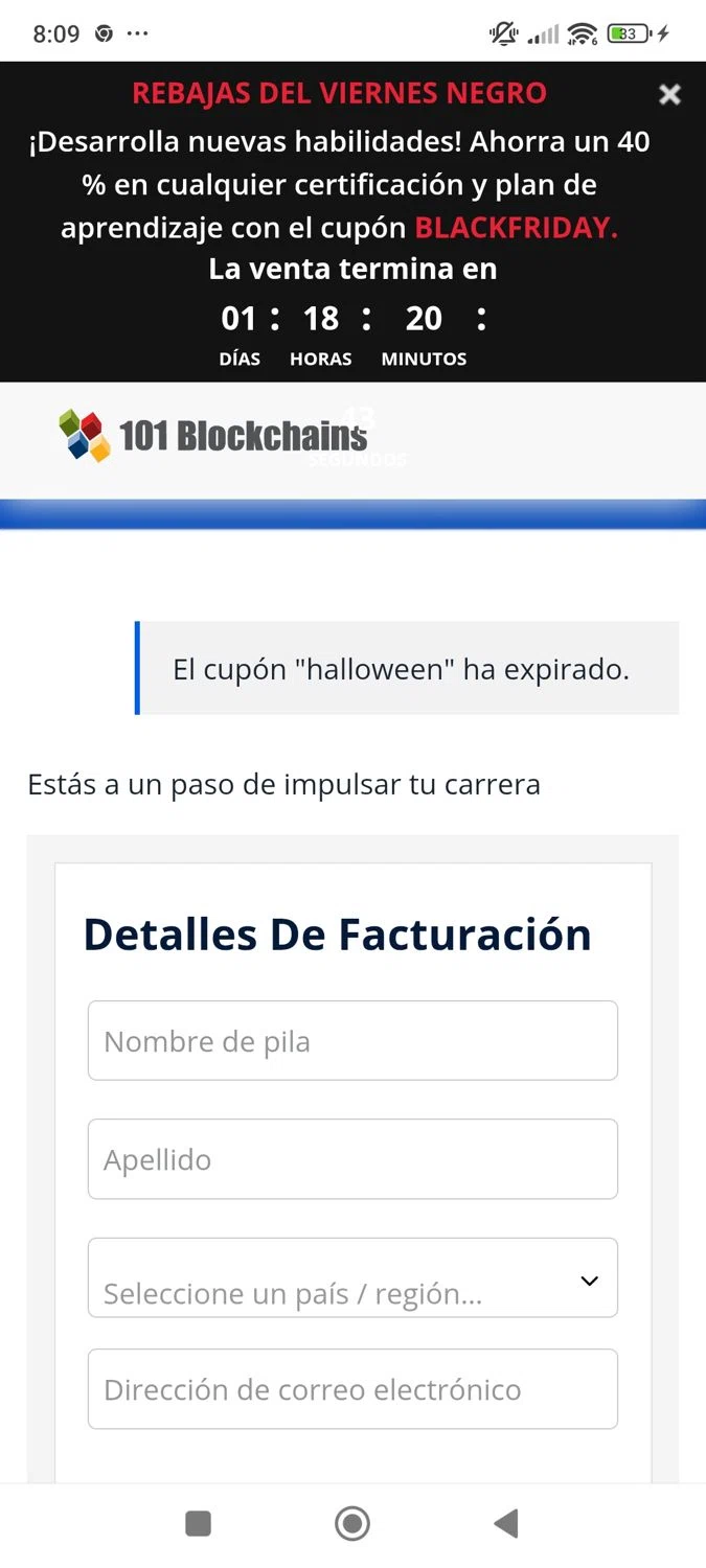 101 Blockchains promo code screenshot showing code HALLOWEEN applied at 101 Blockchains checkout page. Uploaded by SimplyCodes community member ShieldWhiz4659 on Nov 30, 2025
