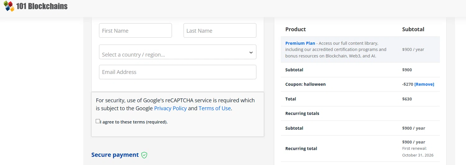 101 Blockchains promo code screenshot showing code HALLOWEEN applied at 101 Blockchains checkout page. Uploaded by SimplyCodes community member jesspea on Oct 31, 2025