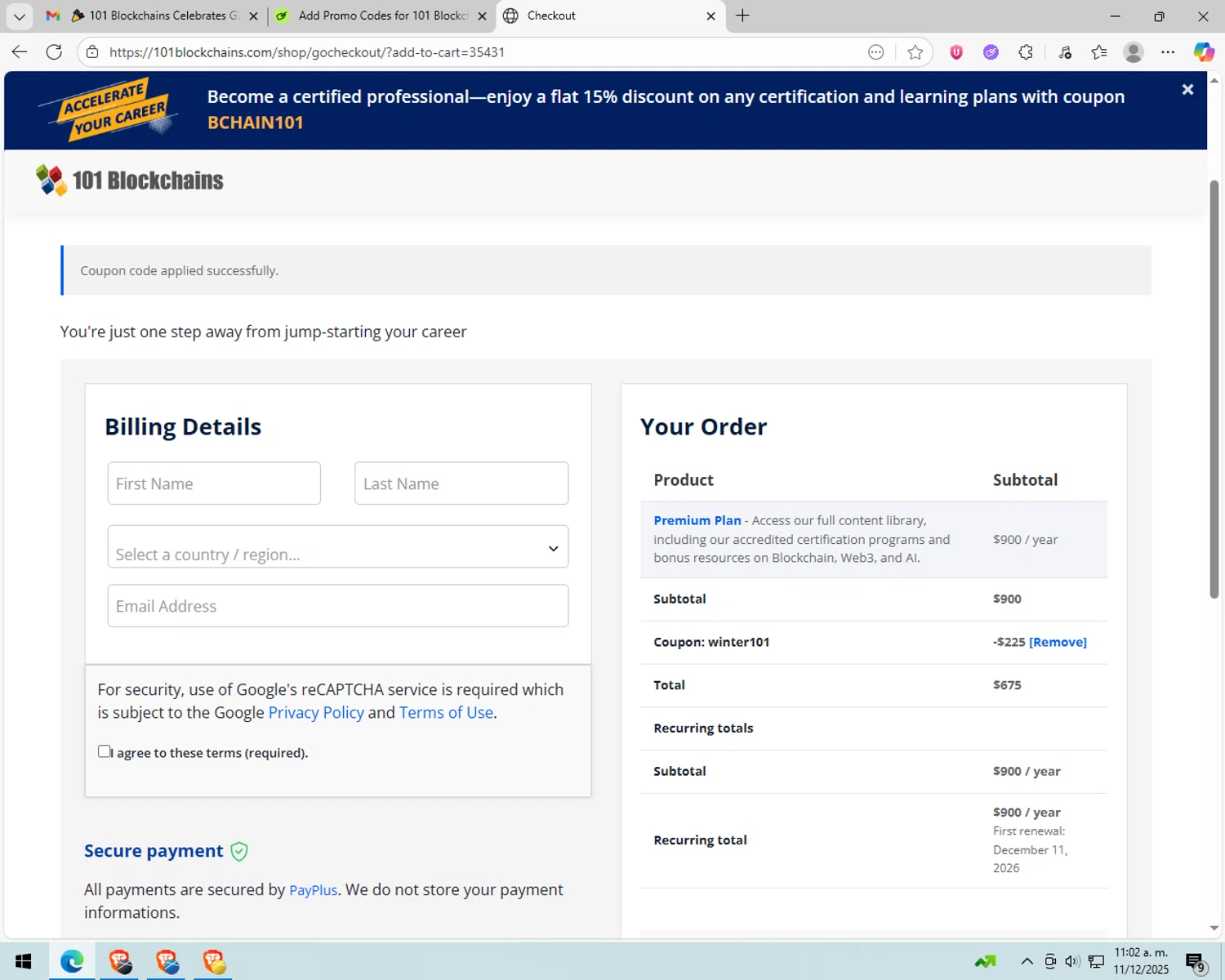 101 Blockchains promo code screenshot showing code WINTER101 applied at 101 Blockchains checkout page. Uploaded by SimplyCodes community member peachee on Dec 11, 2025