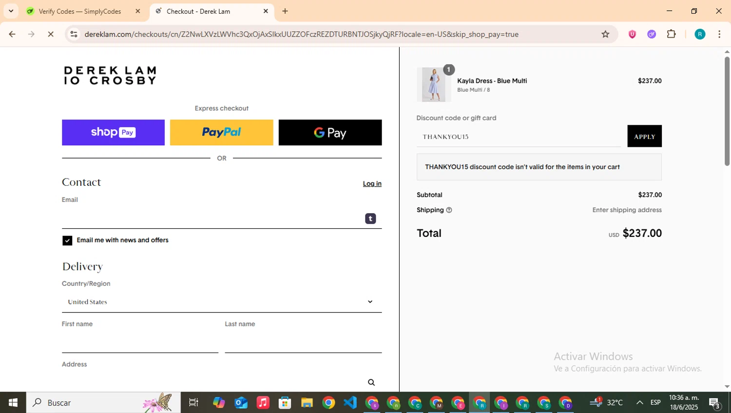Derek Lam promo code screenshot showing code THANKYOU15 applied at Derek Lam checkout page. Uploaded by SimplyCodes community member BudgetHero4407 on Jun 18, 2025