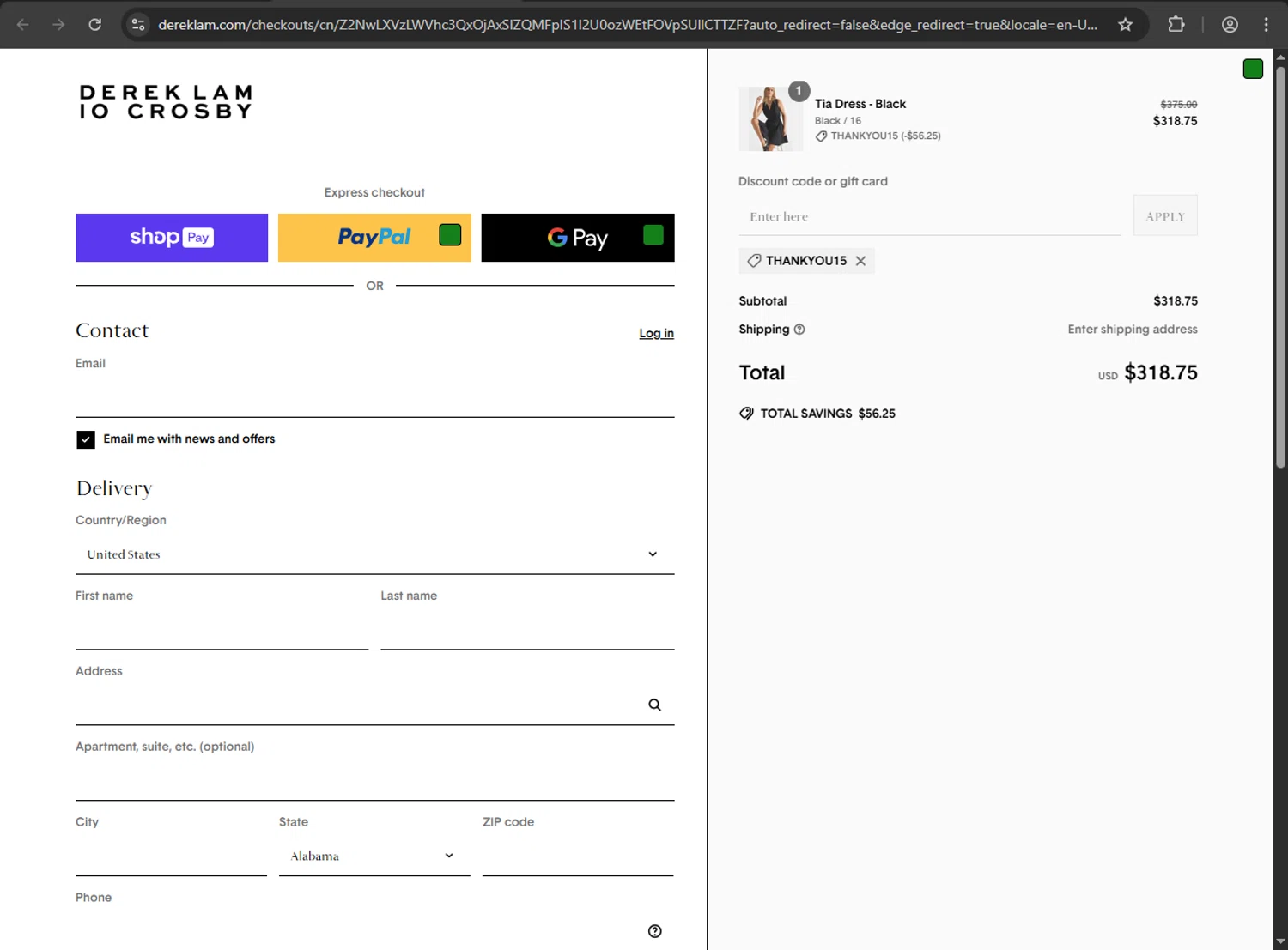 Derek Lam promo code screenshot showing code THANKYOU15 applied at Derek Lam checkout page. Uploaded by SimplyCodes community member luffyreturn on May 20, 2025