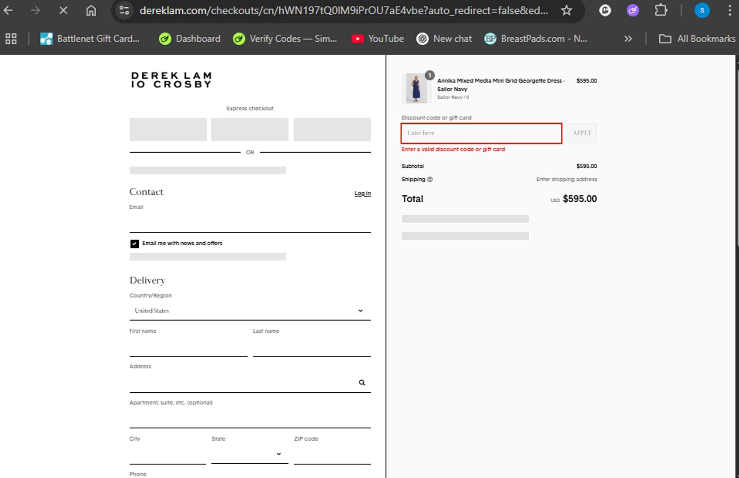 Derek Lam promo code screenshot showing code SUMMERNOW applied at Derek Lam checkout page. Uploaded by SimplyCodes community member Giyuuu on Jul 28, 2025