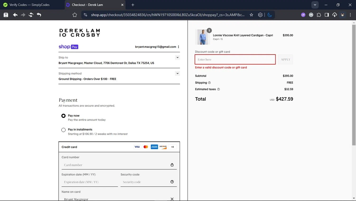 Derek Lam promo code screenshot showing code SUMMERNOW applied at Derek Lam checkout page. Uploaded by SimplyCodes community member LegendaryCollector6259 on Jul 28, 2025
