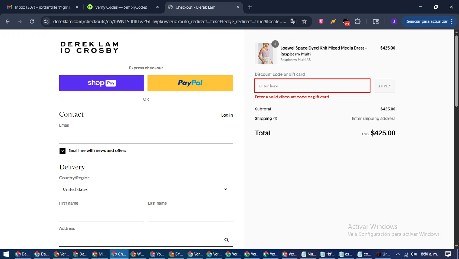 Derek Lam promo code screenshot showing code SUMMERNOW applied at Derek Lam checkout page. Uploaded by SimplyCodes community member LegendaryLegend9872 on Jul 28, 2025