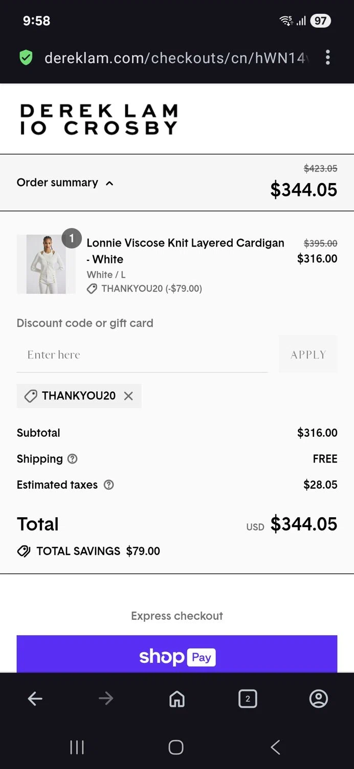 Derek Lam promo code screenshot showing code Thankyou20 applied at Derek Lam checkout page. Uploaded by SimplyCodes community member BB9542251456527 on Jul 27, 2025