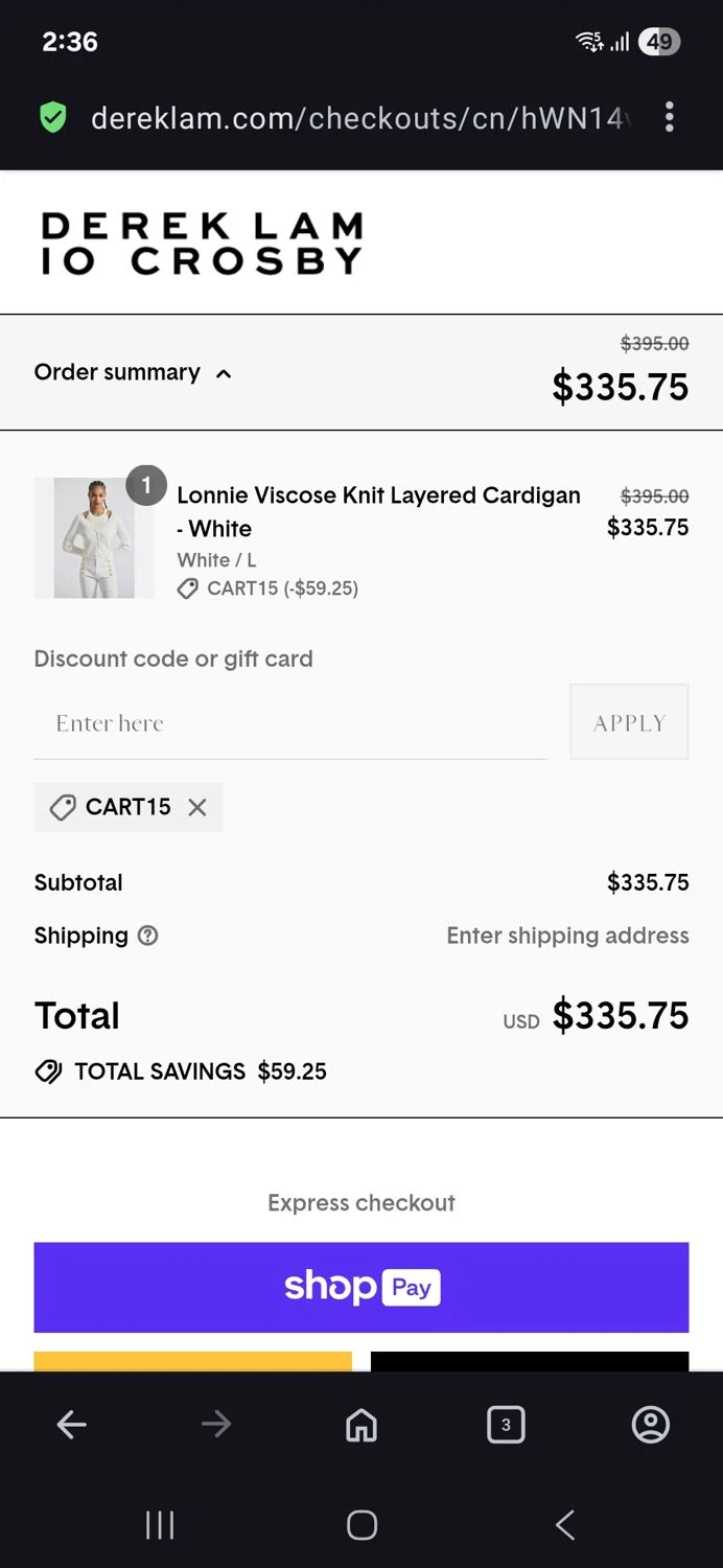 Derek Lam promo code screenshot showing code Cart15 applied at Derek Lam checkout page. Uploaded by SimplyCodes community member BB9542251456527 on Jul 26, 2025