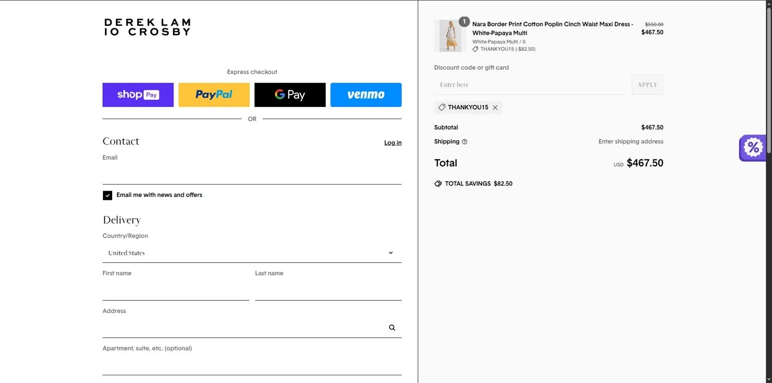 Derek Lam promo code screenshot showing code THANKYOU15 applied at Derek Lam checkout page. Uploaded by SimplyCodes community member Depressive on May 20, 2025