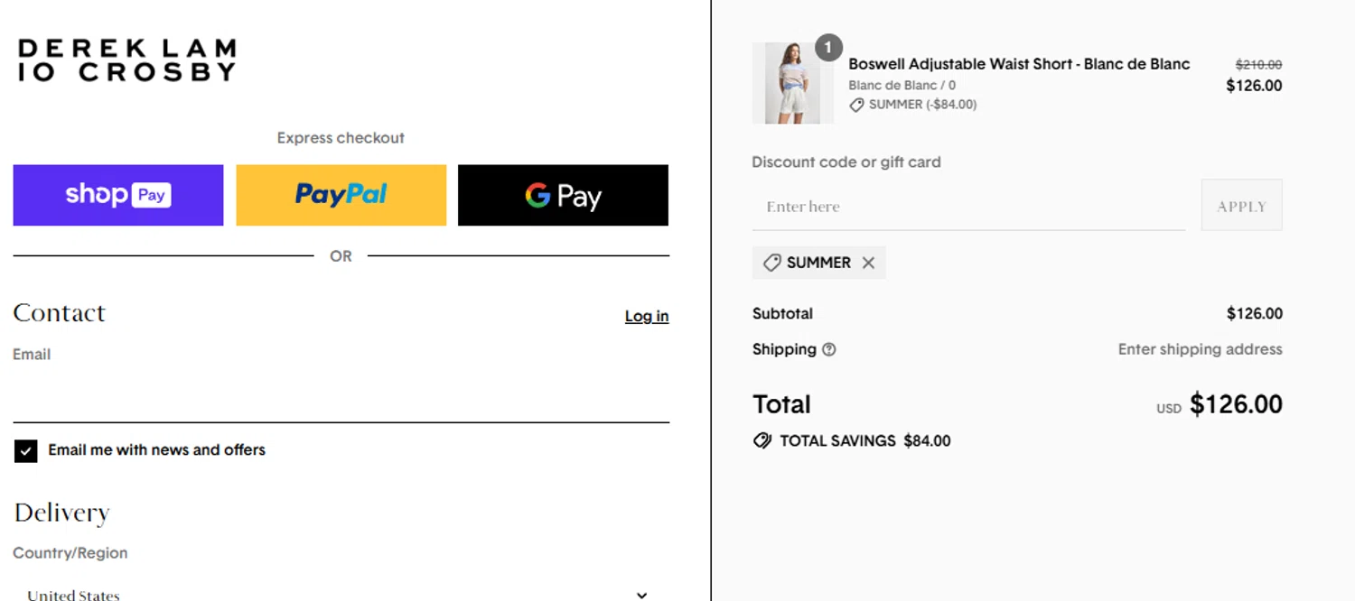 Derek Lam promo code screenshot showing code SUMMER applied at Derek Lam checkout page. Uploaded by SimplyCodes community member aumentadax10 on Jul 18, 2025