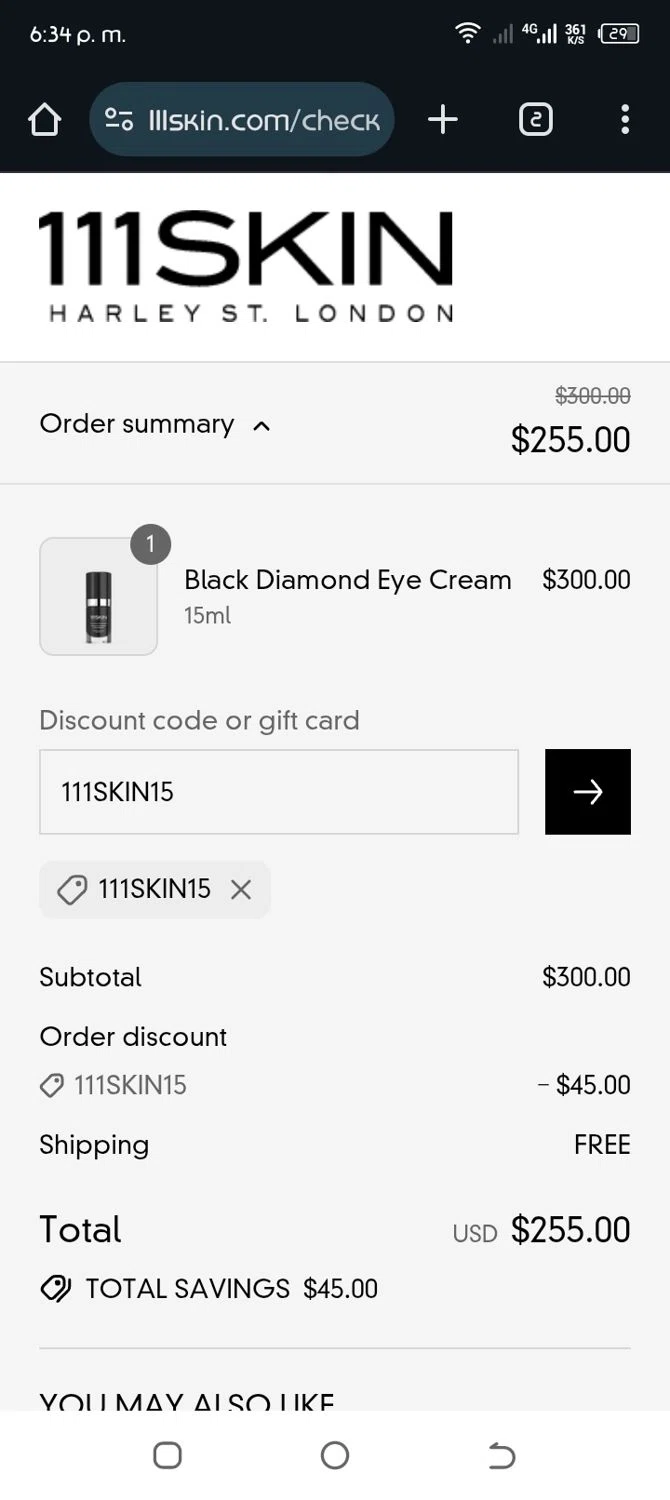 111Skin discount code screenshot showing code 111SKIN15 applied at 111Skin checkout page. Uploaded by SimplyCodes community member CleverWhiz2265 on Jul 22, 2025