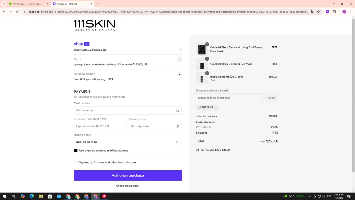 111Skin discount code screenshot showing code 111SKIN15 applied at 111Skin checkout page. Uploaded by SimplyCodes community member ScanPhoenix3196 on Feb 7, 2025